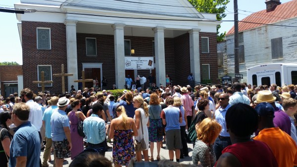 A memorial service on June 18 for the victims of the Charleston shooting. | Supplied by Nomader [CC BY-SA 3.0 (http://creativecommons.org/licenses/by-sa/3.0)], via Wikimedia Commons