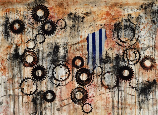 "Humiliation" by Elizabeth Goldsmith. Graphite, oils, acrylic. "Throughout my concentration, gears represent connectivity while stripes represent devastating despair. This piece is a symbol of strength." | Supplied by the artist via Ellena Rosenthal and Aaron Peterson.