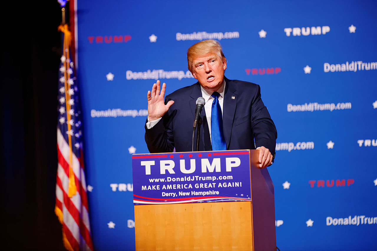 Donald Trump speaks at an August 2015 town hall in New Hampshire. | <a href="https://commons.wikimedia.org/wiki/File:Mr_Donald_Trump_New_Hampshire_Town_Hall_on_August_19th,_2015_at_Pinkerton_Academy,_Derry,_NH_by_Michael_Vadon_02.jpg">Supplied by Michael Vadon</a> [CC-4.0]
