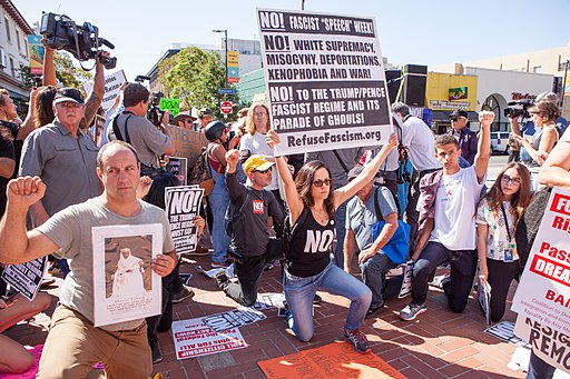 Protesters at UC Berkeley's Free Speech Week. | [CC BY 4.0] by Pax Ahimsa Gethen, via Wikimedia Commons