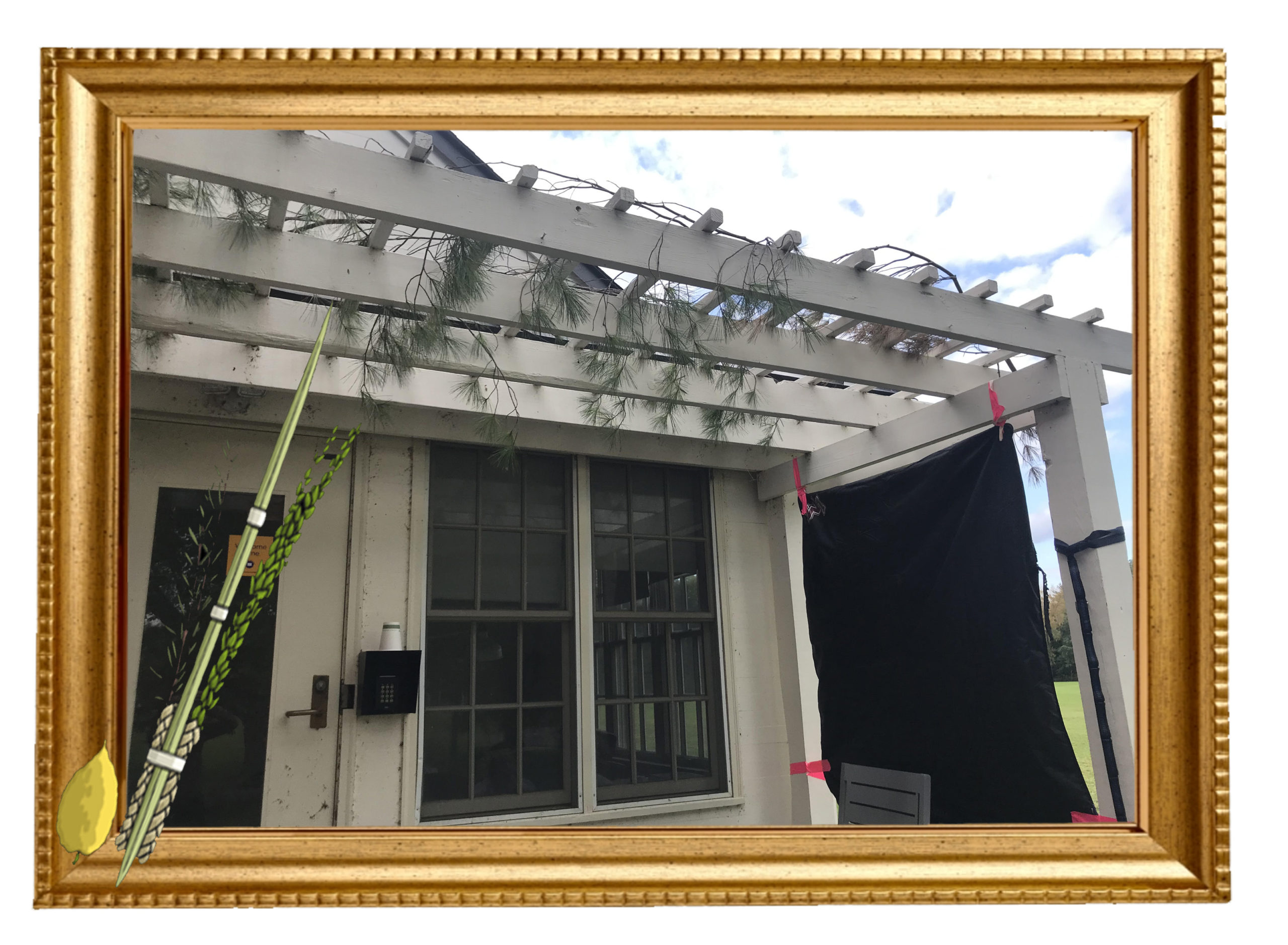 An image of a porch sukkah with a gold frame.