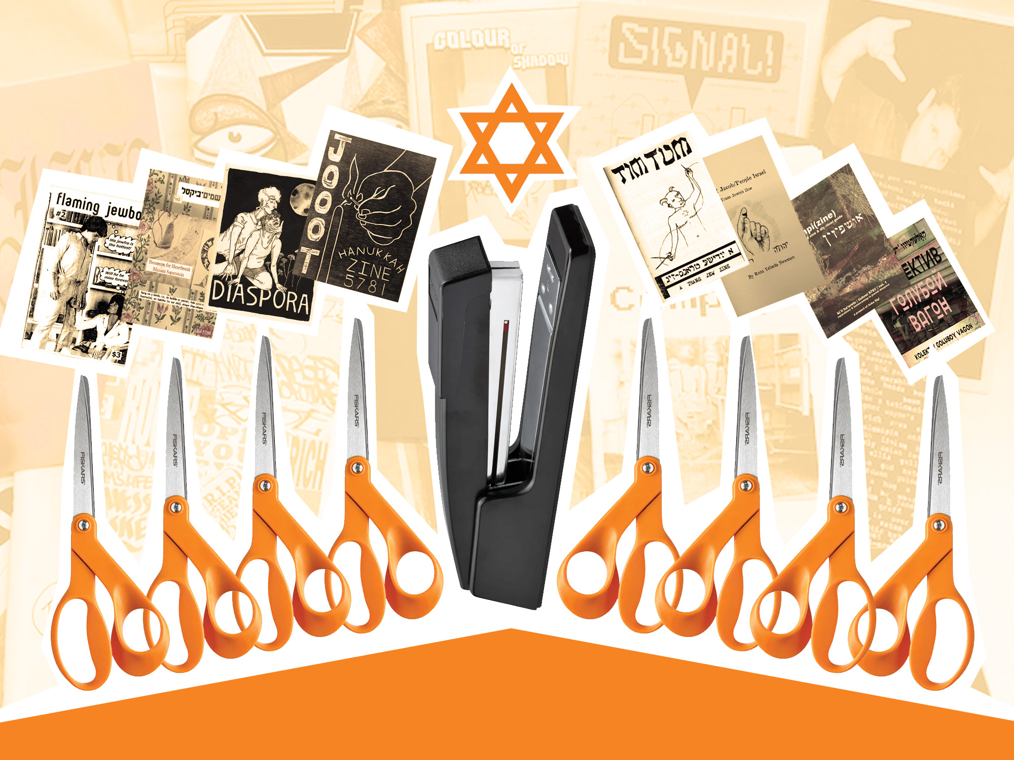A symbolic menorah made of scissors and a stapler as the shamas, with 8 Jewish zines as "candles"