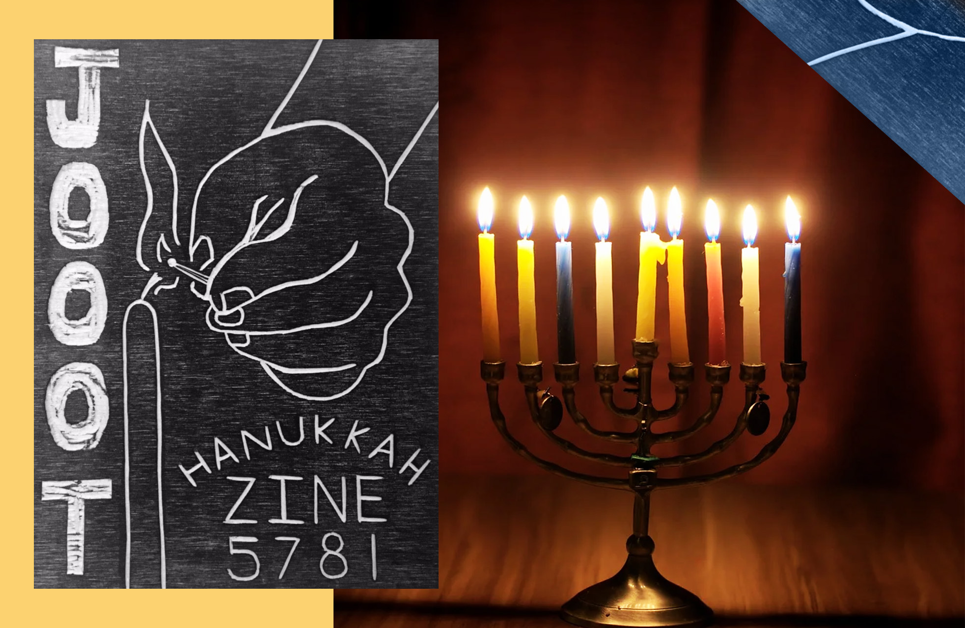 The cover of the Judaism on Our Own Terms Zine for Hanukka 5781 next to an image of a menorah
