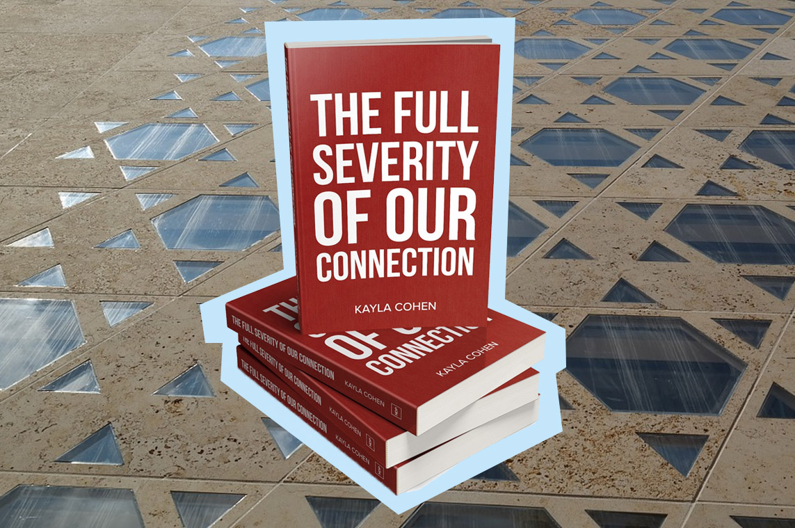 The new book "The Full Severity of Our Connection", a book with a red cover with white text, transposed on a background of Jewish star-shaped windows