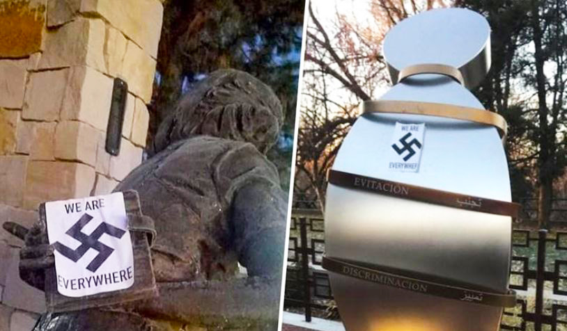 Swastika stickers placed throughout the Anne Frank Memorial // via The Wassmuth Center
