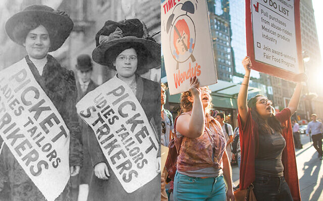Left: Women strikers on picket line during the "Uprising of the 20,000" garment workers strike, New York City, Feb. 1910 (George Grantham Bain Collection/Library of Congress). Right: Marchers demand Wendy’s support efforts to end human rights abuses in U.S. agriculture, July 2018. (Coalition of Immokalee Workers)