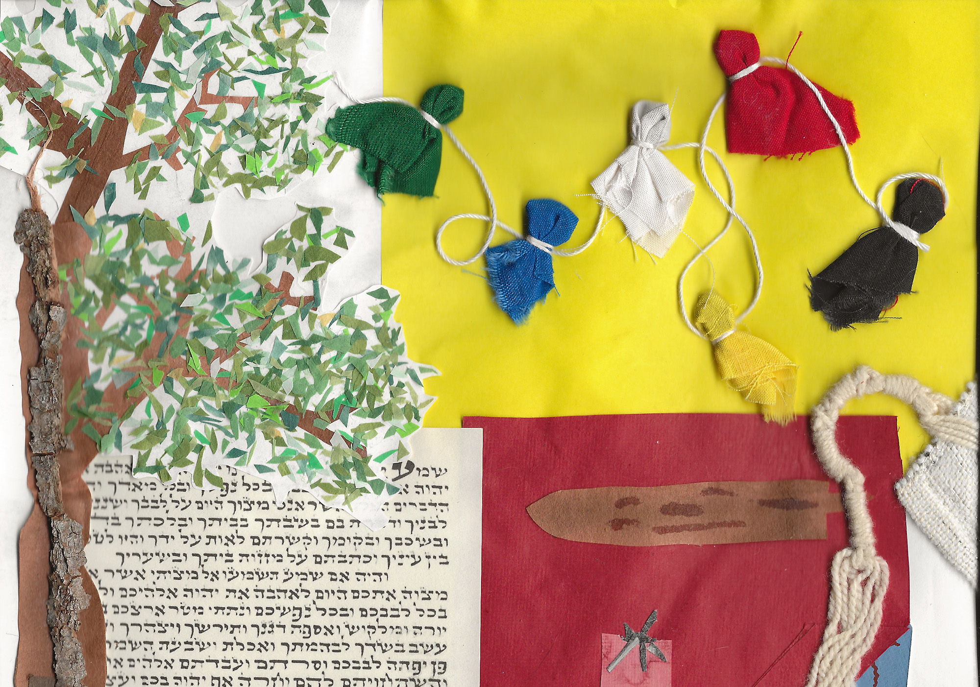A collage with four sections, including a tree, hebrew text, a red square with a white fringe, and small pieces of green, blue, white, red, yellow, and black cloth tied together on a yellow background.