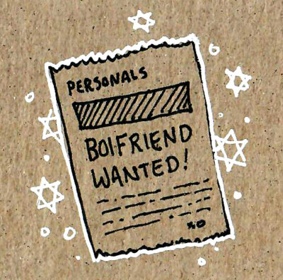 A drawing of a personals ad which says, "Boifriend Wanted", but spelled b.o.i.