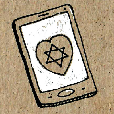 Drawing of a smart phone with a heart and magen david on the screen.