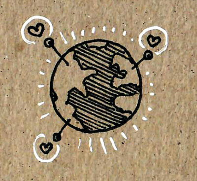Drawing of planet earth with small heart pins in various continents. 
