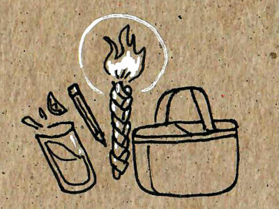 Drawing of a havdalah candle, a picnic basket, a pencil, and a spilling gin and tonic