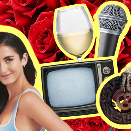 Image of a microphone, TV, glass of wine, roses, and a contestant from The Bachelor.