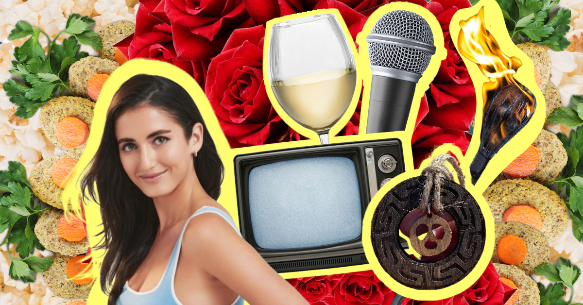 Image of a microphone, TV, glass of wine, roses, and a contestant from The Bachelor.
