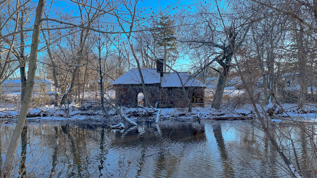 a lake and moated house in a snowy woods