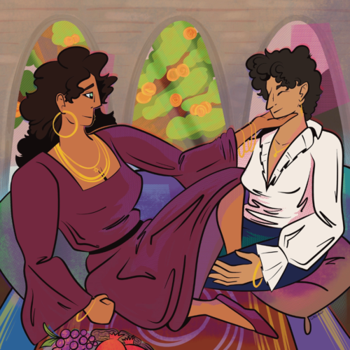 An image of two women against a backdrop of three arches, with orange trees behind them. Once of them is wearing a dark purple dress and gold jewelry, with olive skin. The other is wearing a white long sleeve shirt with short brown curly hair. They are sitting with legs intertwined, touching each other's leg and face.