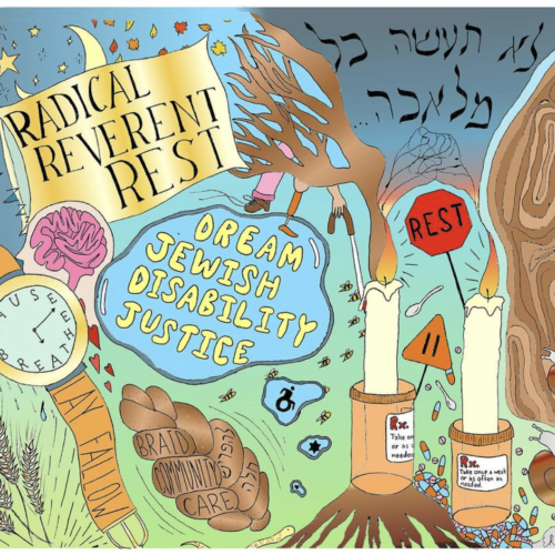 artistic image of shabbat candles, a watch, and a night sky, challah and grass, that says "dream jewish disability justice" and "radical reverent rest"